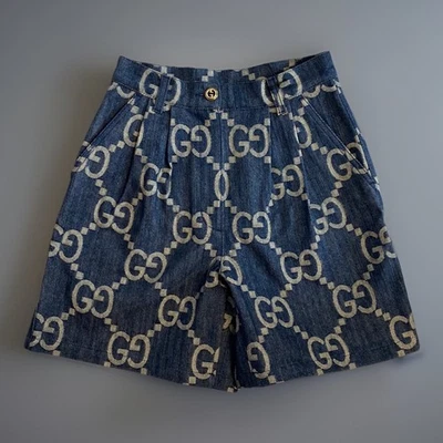 Gucci Jumbo NEW GG WMS Cotton Denim Shorts Blue Ivory Designer Size 42 - Image 1 of 4