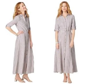 J Jill Linen Shirt Dress XLP Lightweight Stripe Pockets Preppy Beach Lagenlook - Picture 1 of 15