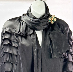 20s Cape Black Silk Satin Tiers Ruffles Vintage Flapper Coat Gold Lamè Lining - Picture 1 of 14