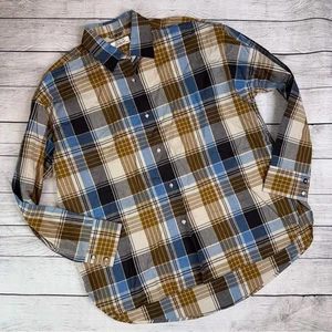 Shuttle Notes NEU japanisches Textil hellbraun blau kariert Knopfleiste Hemd Größe Large - Bild 1 von 4