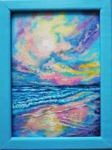 Meereslandschaft Original Ölgemälde gerahmt - Impressionismus Kunst - Sonnenuntergang - Kunstwerk 8x6" - Bild 1 von 10