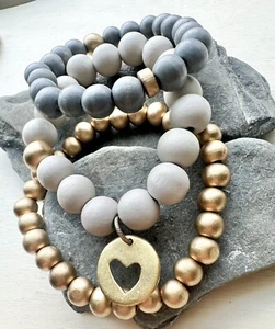 Beaded bracelet sets, Beaded Jewelry, Gold Wooden Beaded Set, Neutral Bracelet - Picture 1 of 10