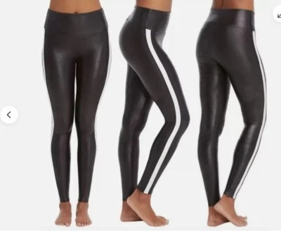 Leggings Spanx Imitación Cuero Negro con Rayas Blancas Nuevos con Etiquetas $110 Forma Suave Sculp Foto 1 de 4