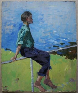Ukrainian Soviet Oil Painting Impressionism boy figure portrait river seascape - Picture 1 of 10