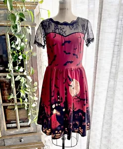 Halloween Skater Dress Rockabilly Goth Black Cats Bats Lace Stretchy Size M - Picture 1 of 11