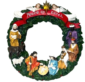 Christmas Wreath Resin Nativity Scene Top Star Lights Up Manger Wall Hanging - Picture 1 of 7