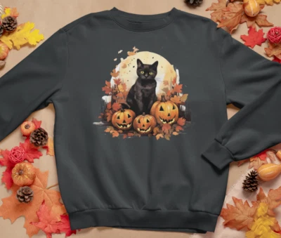NEW Spooky Black Cat Full Moon Halloween Unisex Comfortable Crew Neck Sweatshirt - Image 1 of 4