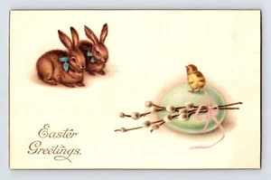 AK Osterhasen Küken grünes Ei 1910er Jahre unbespielt geteilt hinten - Bild 1 von 2