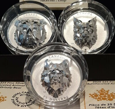 2019-2020 Wolf Bear Lynx Multifaceted Animal Head $25 1OZ Silver Canada 3-Coins - Image 1 of 3