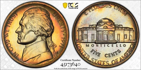 PR67 1971-S 5C Jefferson Proof Nickel, PCGS Secure- Pretty Album Toned Cover