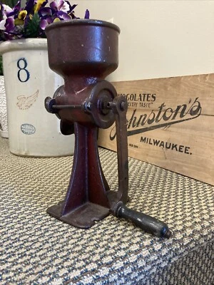 Antique Cast Iron Coffee Grinder Vintage Corn Grain Mill Red Wood Hand Crank - Image 1 of 4