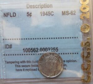 1945 Canada Newfoundland SILVER Five Cents Coin CCCS MS-62 Nickel 5 Cents 5c