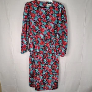 Vintage The Jones Girl Damen Gr. 14 Kleid rot türkis Blumen 80er Schleife Schößchen bescheiden - Bild 1 von 12