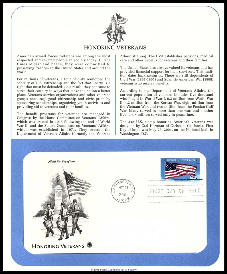 2001 Honoring Veterans Sc 3508 FDC PCS Veterans Affairs courage civic duty - Image 1 of 1