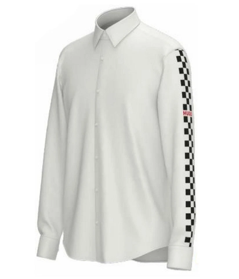Hugo Boss Mens Checked Sleeve Button Up Shirt, White, X-Large - Image 1 of 1