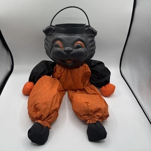 Vintage schwarze Katze orange & schwarz Outfit Kürbis sitzend Display Halloween - Bild 1 von 15