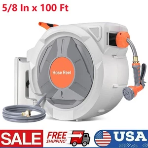 100Ft x 5/8" Retractable Garden Hose Reel Water Hose Reel 180° Swivel Wall-Mount - Picture 1 of 10