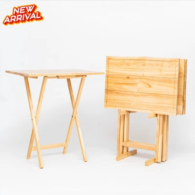 5 pc Wooden TV Tray Set w/ Stand Natural Finish Folding Tables Snack Storage NEW - Image 1 of 4