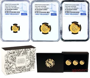 3-Coin Set 2024 Australia Quarter+Half+One Sovereign GOLD $5 $15 $25 NGC PF70 F - Picture 1 of 9