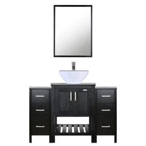 48" Bathroom Vanity Set Mirror White Ceramic Sink Combo Faucet Wood Black Combo - Picture 1 of 11