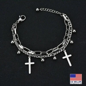 Fashion Women Double Layer Wrist Bracelet Jesus Cross Tassel Ball Pendant 0371 - Picture 1 of 6