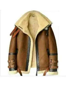 Men's Brown B3 RAF Flight Bomber Fur Aviator Real Sheepskin Leather Jacket Coat - Picture 1 of 3