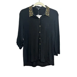 Cable & Gauge Womens Sz M Black Soft Button Down Shirt Gold Studded Collar NWT - Picture 1 of 7