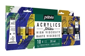 Pebeo Studio High Viscosity Acrylics Set 10 x 20ml Tubes with Brush - Picture 1 of 2