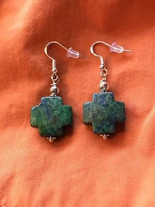 Chrysocolla Gem STONE CROSS Earrings Southwestern Cowgirl Santa Fe Cross BLUE/gr - Picture 1 of 1