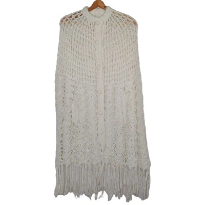 Hecho a Mano Mantón de Ganchillo Blanco Largo Bohemio Hippie Cottagecore Suéter De Colección Foto 1 de 4