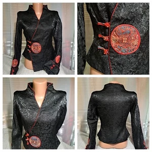 VTG TAOTAO Retro Ethnic Chinese Long Sleeve Women Silk Black Blouse Qipao Size S - Picture 1 of 20