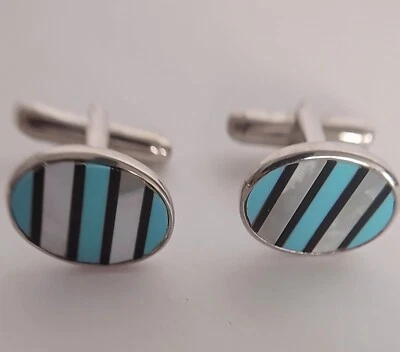 BRAND NEW Set of Turquoise MOP Black Onyx Inlay STERLING SILVER Marked 925 - Image 1 of 4