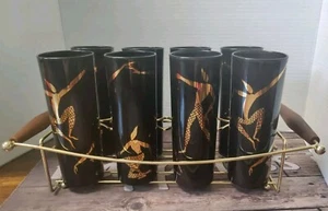 Vtg MCM Fred Press 50's Acrobatic Dancers Tom Collins Glasses, Set of 8 W/ Rack - Picture 1 of 15