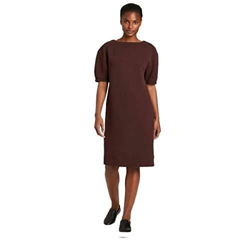 Women's Textured Knit Puff Short Sleeve Round Neck Dress Prologue Maroon XS