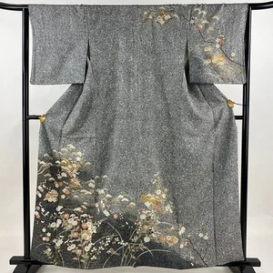 Woman Japanese Kimono Houmongi Silk Plum Blossom Gold Foil Black Gray 158.5cm - Picture 1 of 6