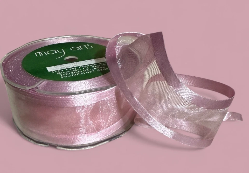30 YDS - 1.5 Inch Sheer Satin Banded Ribbon - Pink - Image 1 of 2