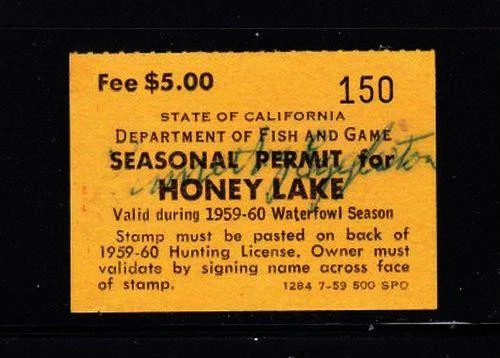 State Revenue California 1959-60 $5 Honey Lake Duck Hunting Stamp RARE VF Signed - Image 1 of 1