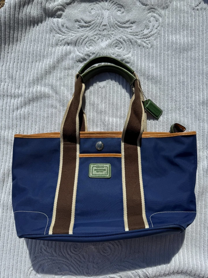 COACH Legacy Stripe Canvas Tote – Blue/Brown/Green Leather Trim (No. A04M-6261) - Image 1 of 4