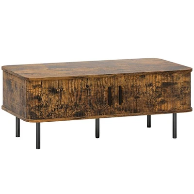 Coffee Table Midcentury Modern Storage Sliding Door Wooden Rustic Brown Black - Image 1 of 4