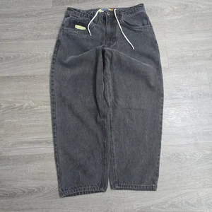 Empyre Loose Wide Leg Baggy Skater Denim Jeans Black Spellout Sz 28 (32x26) - Picture 1 of 17