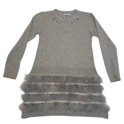 Mayoral Girls Gray Sweater Dress Faux Fur Trim Beaded Neckline Size 8-10 - Image 1 of 4
