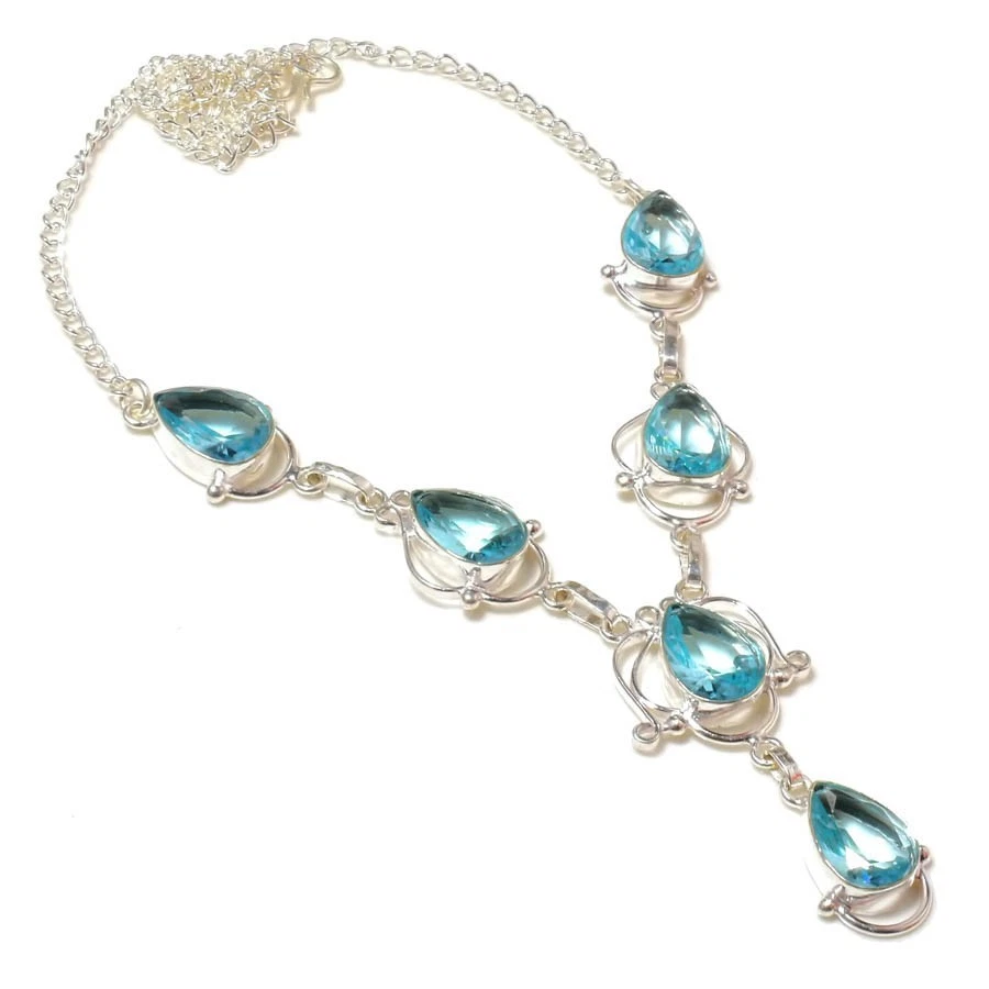 Collar de joyería de plata de ley 925 hecho a mano con piedras preciosas de aguamarina tamaño 18" Foto 1 de 1