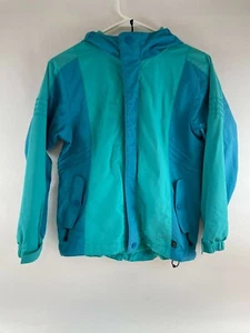 REI Jacket Girls Medium 10-12 Blue Hooded Full Zip Pocket Flaps Snaps Hem Cord - Picture 1 of 8