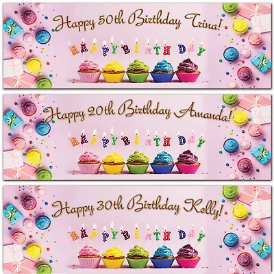 2 Personalised birthday banner cupcake candle adults kids party pink decoration - Image 1 of 2