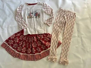 Persnickety sz 8 3-piece Christmas Holiday outfit top skirt leggings sleigh B35 - Picture 1 of 10