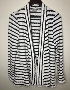 Anthropologie Postage Stamp Size Large Striped Black Cream Open Cardigan Peplum - Picture 1 of 9