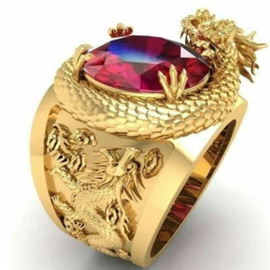 18K Gold Filled Dragon Ring Women Mens Ruby Wedding Engagement Rings Size 7-14 - Picture 1 of 15