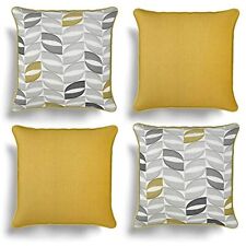 Set of 4 Geometric/Plain Cotton, Piped Trim Cushion Covers, 43cm x 43cm - Ochre