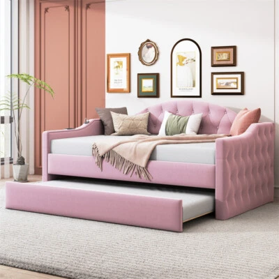 Twin Size Tufted Upholstered Daybed with Trundle,Velvet Sofabed with USB &Type-C - Image 1 of 4