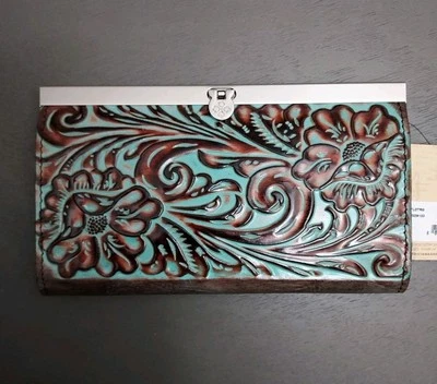 Patricia Nash Cauchy RFID Italian Leather Wallet Tooled Turquoise  . - Image 1 of 4